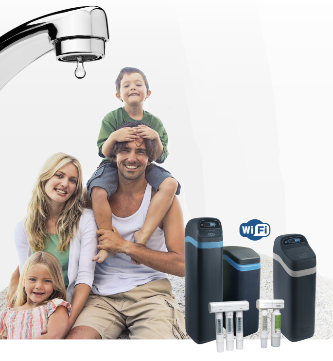 Happy family with an EcoWater system superimposed on the image.